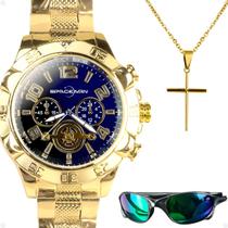 relogio masculino prova dagua banhado + oculos sol + cordao inoxidavel religioso protecao uv catolico presente analogico