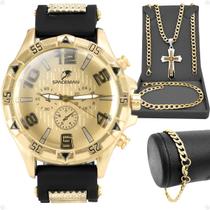 Relogio masculino prova dagua dourado + pulseira e colar folhado ouro 18k kit presente casual social