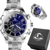 relogio masculino prova dagua prata + caixa mostrador preto pesado casual robusto original resistente analogico presente - Orizom