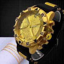 Relógio masculino pulseira de borracha a prova dágua preto com dourado