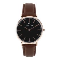 Relógio Masculino Pulso Preto Pulseira Couro Marrom Rhadix Correia Rosé Fundo Preto Minimalista Combina c Tudo Clássico