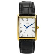 Relógio Masculino Quadrado Dourado Couro Croco Preto