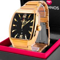 Relógio Masculino Quadrado Technos Dourado Analogico Preto - Techonos