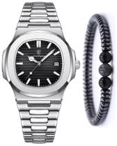 Relógio Masculino Quartzo Analógico Prata +Pulseira Hematita