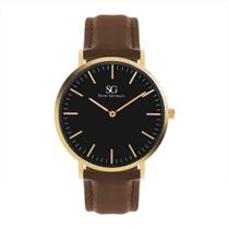 Relógio Masculino Saint Germain Bronx Black Gold Pulseira de Couro Marrom Caixa Dourada Fundo Preto