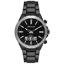Relógio Masculino Seculus Anadigi Solar Aço Preto Cronômetro 77292gpsvsa3