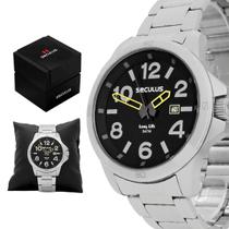 Relogio Masculino Seculus Analogico Aço Inoxidavel Prata Mostrador Preto Calendario Original Resistente a Agua 2 Anos de Garantia 44070G0SVNA2