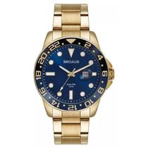 Relogio Masculino Seculus Dourado Fundo Azul 48 MM Prova Dagua 5 Atm 2 Anos De Garantia