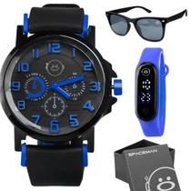 Relógio masculino silicone + oculos sol proteção uv + caixa praia analogico presente verão azul causal qualidade premium