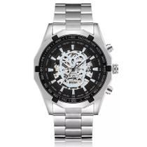 Relógio masculino skeleton prata fundo preto caveira semi automatico analógico social inox transparente - winner