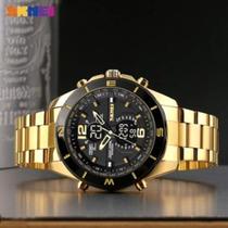 Relógio Masculino Skmei 1670 Anadigital Dourado com pulseira de couro