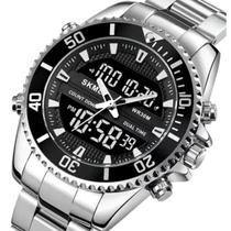 Relógio Masculino Skmei Anadigi 1850 Prata E Preto Aço Inox