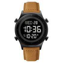 Relógio Masculino Skmei Digital 2079 Preto e Marrom, Com Pulseira de Couro, Resistente à Água 3ATM, Luz Verde