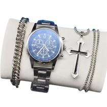 Relógio Masculino Social Alfa Luxuoso + Colar Cruz Pulseira