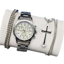 Relógio Masculino Social Alfa Luxuoso + Colar Cruz Pulseira