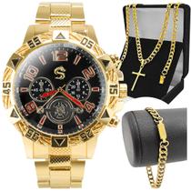 Relógio masculino social de aço inoxidável dourado + kit completo para visual