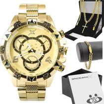 Relógio Masculino Social Dourado Aço Inox Grande Kit Acessórios Corrente Pulseira e Pingente Cruz com Caixa Presente Premium Relógio Masculino Social Dourado Aço Inox Grande Kit Acessórios Corrente Pulseira e Pingente Cruz com Caixa Presente Premium