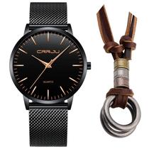 Relógio Masculino Social Ultra Fino De Luxo + Colar Argolas