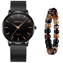 Relogio Masculino Social Ultra Fino Preto + Pulseira Bolinha