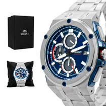 Relógio Masculino Solartech Orient Prata Azul Cronógrafo Original Prova D'água Garantia 1 ano MBSSC259 D1SX