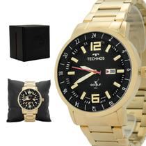 Relogio Masculino Technos Analogico Aço Inoxidavel Dourado Golf Mostrador Preto Original Resistente a Agua 1 Ano de Garantia 2115MWD1P