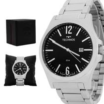 Relogio Masculino Technos Analogico Aço Inoxidavel Prata Classic Steel Visor Preto Original Resistente a Agua 1 Ano de Garantia 2115MXQ1P