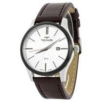 Relogio Masculino Technos Analogico Aço Inoxidavel Prata Mostrador Branco Steel Couro Social Original Resistente a Agua 1 Ano de Garantia 2115MPP1K
