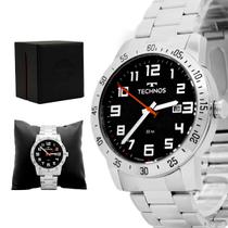 Relogio Masculino Technos Analogico Aço Inoxidavel Prata Mostrador Preto Militar Calendario Original Resistente a Agua 1 Ano de Garantia 2115MYI1P