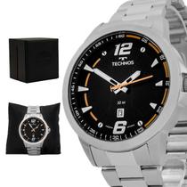 Relogio Masculino Technos Analogico Aço Inoxidavel Prata Mostrador Preto Racer Calendario Original Resistente a Agua 1 Ano de Garantia RT2117LDR1P