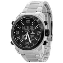 Relogio Masculino Technos Analogico Digital Aço Inoxidavel Prata Mostrador Preto Original Resistente a Agua 1 Ano de Garantia Y0908AAB1P