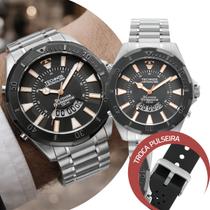 Relógio Masculino Technos Skydiver Analógico de Pulso Prata e Preto Troca a Pulseira Kit com 2 Pulseiras à Prova D Água Luxo Casual Social Technos
