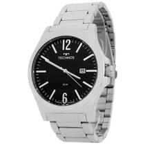 Relógio Masculino Technos Steel Prata Aço Mostrador Preto Original Resistente à Água 2115MXQ1P Relógio Masculino Technos Steel Prata Aço Mostrador Preto Original Resistente à Água 2115MXQ1P