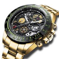 Relógio masculino tevise 863 automático social dourado todo funcional inox transparente