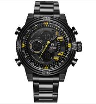 Relógio masculino weide 5209 analógico e digital preto amarelo multifunção inox esportivo
