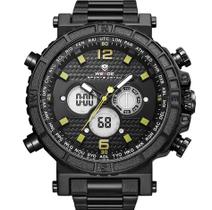 Relógio masculino weide 6305 multifunção preto amarelo anadigi inox esportivo