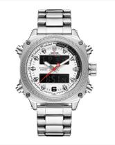 Relógio masculino weide 7302 quadrado multifunção analógico e digital prata branco