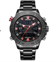 Relógio masculino weide digital analógico 8503 preto vermelho multifunção inox