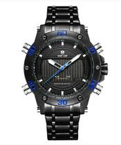 Relógio masculino weide digital analógico led preto azul multifunção 6910 inox