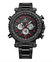 Relógio masculino weide multifunção preto vermelho digital analógico esportivo 6305 inox