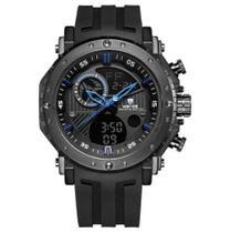 Relógio masculino weide wh6903 preto azul anadigi inox pulseira em borracha analógico e digital