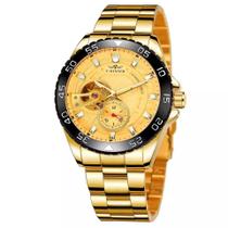 Relógio masculino winner 337 dourado e preto inox automatico transparente social casual analógico