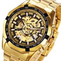 Relógio masculino winner dourado automático inox social esqueleto forsining casual transparente analógico