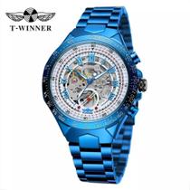 Relógio Masculino Winner Luxo Mecânico Aço Inox Azul Estojo
