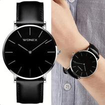 Relógio Masculino Wonex Analógico 40mm Prata Mostrador Preto Minimalista Couro Relógio Masculino Wonex Analógico 40mm Prata Mostrador Preto Minimalista Couro