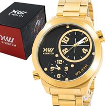 Relogio Masculino XWatch Analogico Aço Inoxidavel Original Dourado Fundo Preto Resistente a Agua 1 Ano de Garantia ROXMGST001P2KX