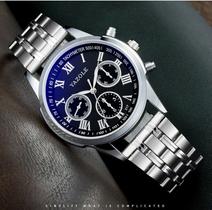 Relógio Masculino Yazole 317 Aço Inox Fundo Azulado