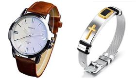 Relógio Masculino Yazole Couro 332 Marrom e Pulseira em Aço Relógio Masculino Yazole Couro 332 Marrom e Pulseira em Aço