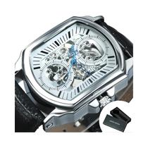 Relógio Mecânico Automático De Luxo Masculino Com Pulseira De Couro Preta E Ponteiros Azuis WINNER