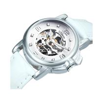 Relógio Mecânico Feminino Elegante Luminoso Com Pulseira De Couro Branca E Ponteiros Cravejados