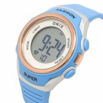 Relógio Menina Digital Onix IT-616A (5353) Resistente à água 5 ATM Branco Caixa em Resina Azul Pulseira de Plástico Visor Acrílico Redondo Fivela